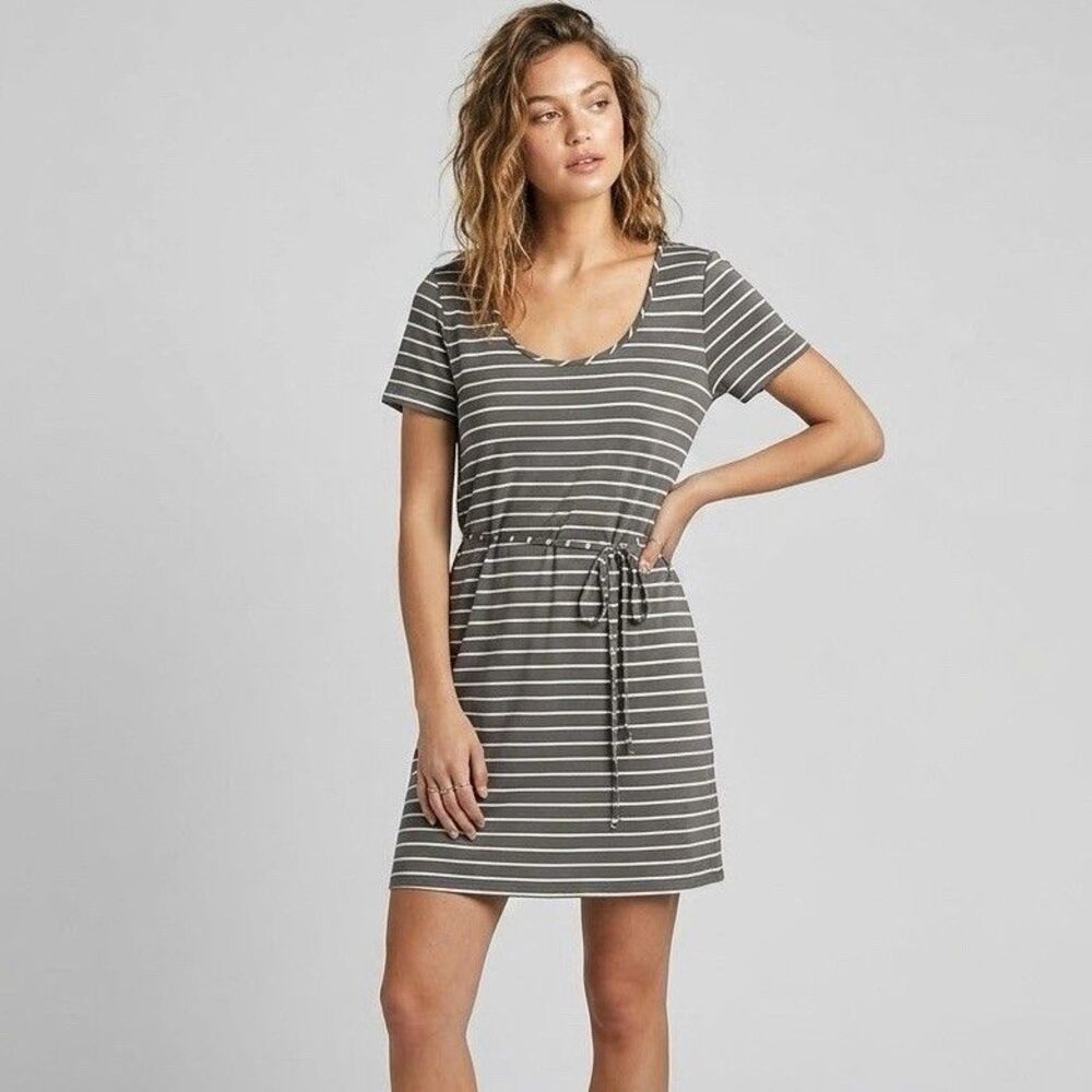 Calvin Klein Dress Sz 12 Striped Short Sleeve Green Olive Knee Length Minimalist